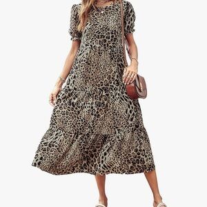 Brown and Black Tiered Puff Sleeve Midi Dress